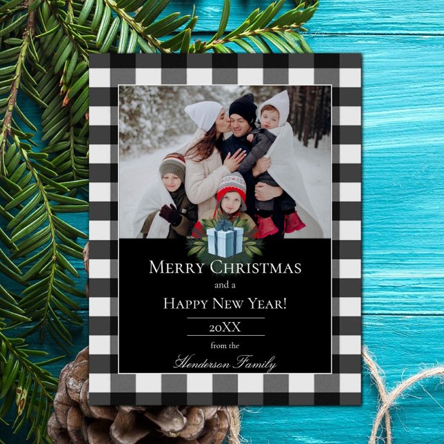 Cartes Pour Fêtes Annuelles Buffalo Plaid Christmas Cadeau Photo | Bleu (Blue Buffalo Plaid Christmas Gift Holiday Photo Card)