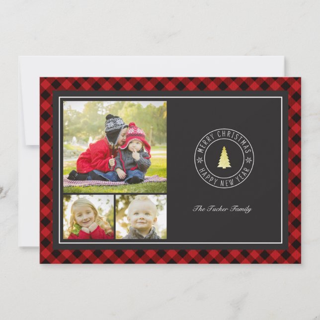 Cartes Pour Fêtes Annuelles Buffalo Plaid & Gold Tree Noël 3 photo (Devant)