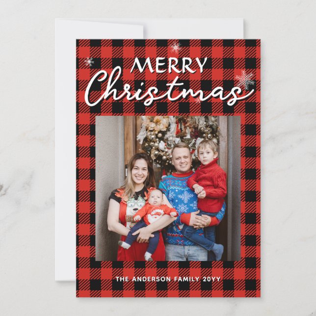 Cartes Pour Fêtes Annuelles Buffalo Plaid Photo et nom personnalisés Joyeux No (Devant)
