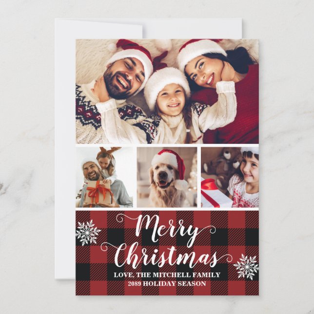 Cartes Pour Fêtes Annuelles Buffalo Plaid Red et Black Photo Joyeux Noël (Devant)