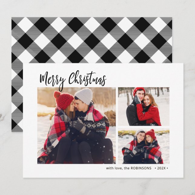 Cartes Pour Fêtes Annuelles Buffalo Plaid Rustic 3 Multi Photo Noël (Devant / Derrière)