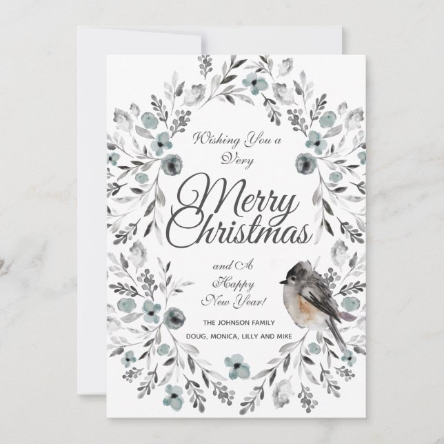 Cartes Pour Fêtes Annuelles Buffle floral bleu gris chèque photo Noël (Devant)