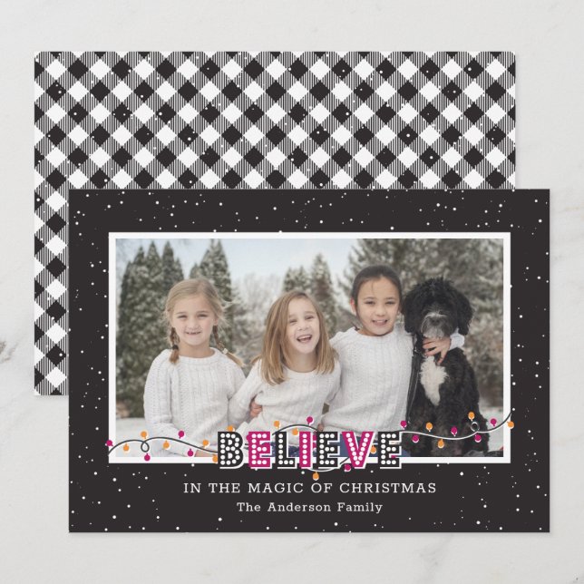 Cartes Pour Fêtes Annuelles Buffle noir blanc Plaid Neige rose Croire photo (Devant / Derrière)