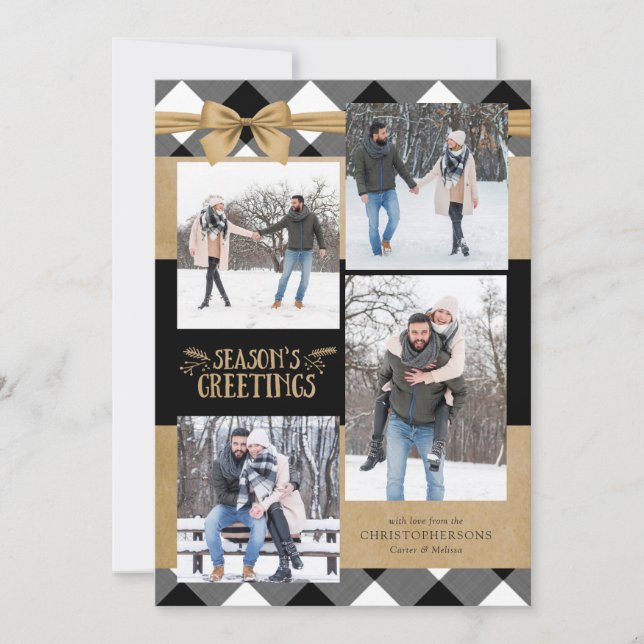 Cartes Pour Fêtes Annuelles Buffle noir et blanc Vérifier Brown Kraft Bow (Devant)