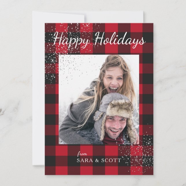 Cartes Pour Fêtes Annuelles Buffle rouge et noir Plaid Happy Holidays Photo (Devant)