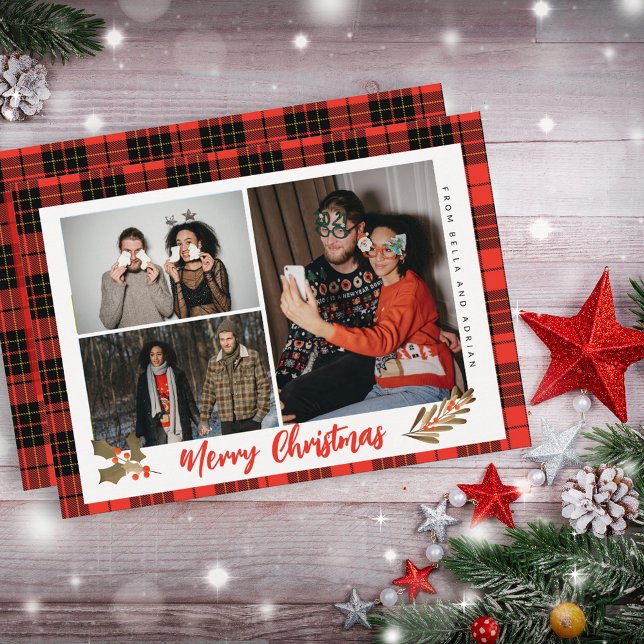 Cartes Pour Fêtes Annuelles Buffle rouge moderne plaid Joyeux Noël photo (Créateur téléchargé)