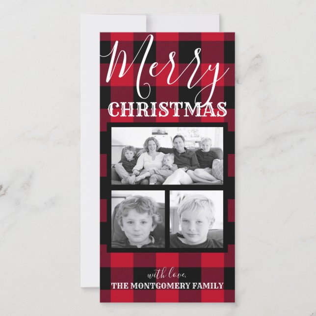 Cartes Pour Fêtes Annuelles Buffle rouge rustique noir Vérifier Noël 3 Photos (Devant)