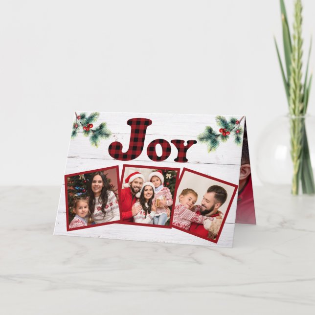 Cartes Pour Fêtes Annuelles Buffle rouge rustique Plaid Joy 4 Photo Greenery (Devant)