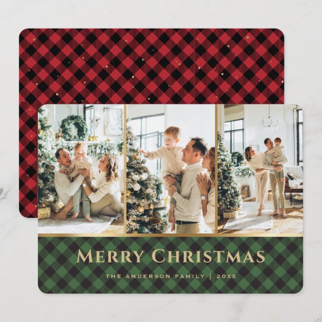 Cartes Pour Fêtes Annuelles Buffle rouge vert or Plaid Photo Noël (Devant / Derrière)