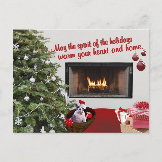 Cartes Pour Fêtes Annuelles Bulldog Chiot Chaud Cheminée Scène Noël Souhait (Devant)