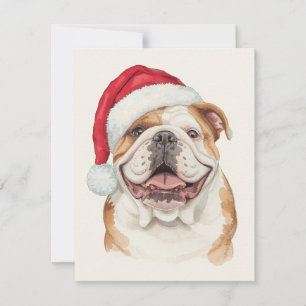 Cartes Pour Fêtes Annuelles Bulldog heureux en chapeau de Père Noël aquarelle