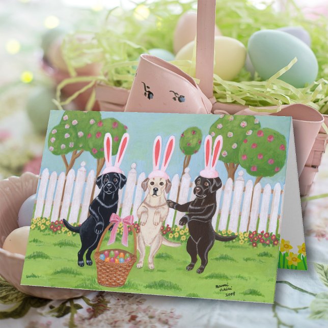 Cartes Pour Fêtes Annuelles Bunnies de Pâques du Labrador (Labrador Easter Bunnies Greeting Card featuring three labs with Easter Bunny Ears.  Whimsical art.)