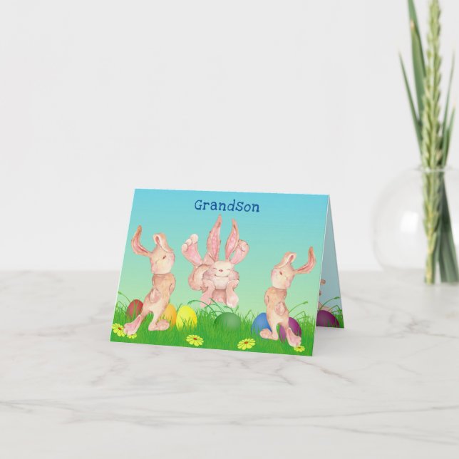 Cartes Pour Fêtes Annuelles Bunnies de Pâques Grandson Jouer Aquarelle Moderne (Devant)