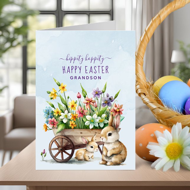 Cartes Pour Fêtes Annuelles Bunnies mignons Petit-fils personnalisé Pâques (Cute Bunnies Personalized Grandson Easter Holiday Card)