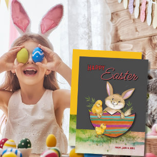Cartes Pour Fêtes Annuelles Bunny de Pâques avec poussins gris jaune