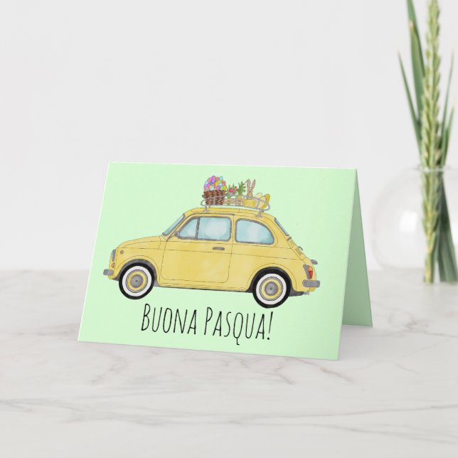 Cartes Pour Fêtes Annuelles Buona Pasqua Italie Pâques Retro Fiat 500 (Devant)