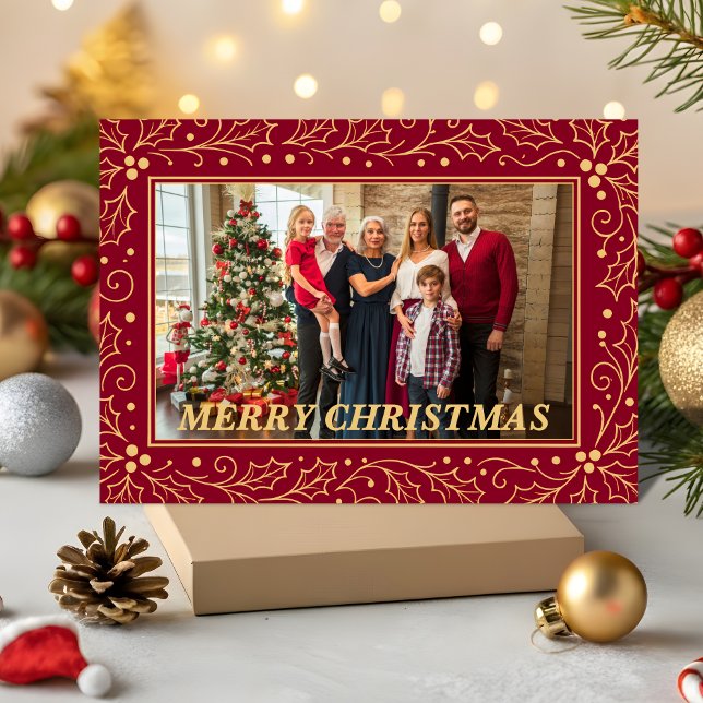Cartes Pour Fêtes Annuelles Burgundy & Antique-Gold Family Christmas Photo (Créateur téléchargé)