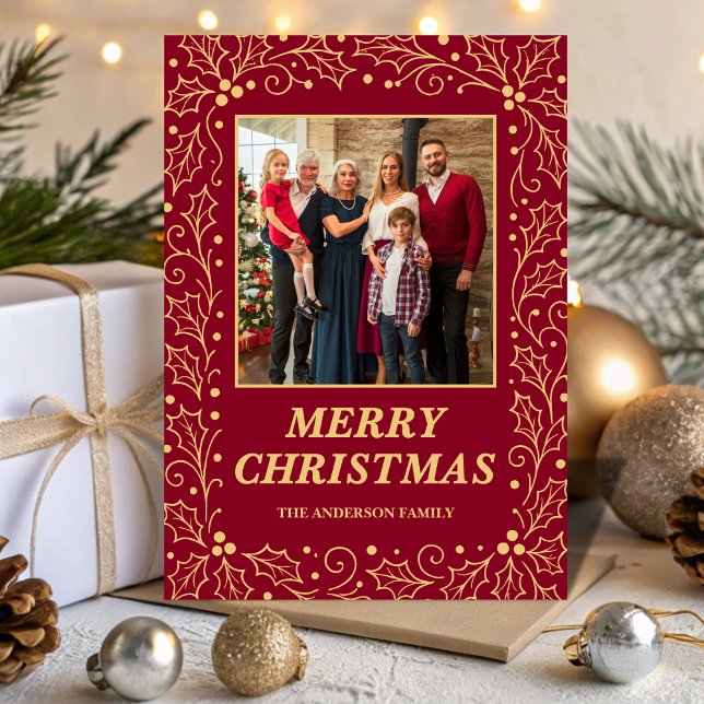 Cartes Pour Fêtes Annuelles Burgundy & Antique-Gold Family Photo Christmas (Créateur téléchargé)