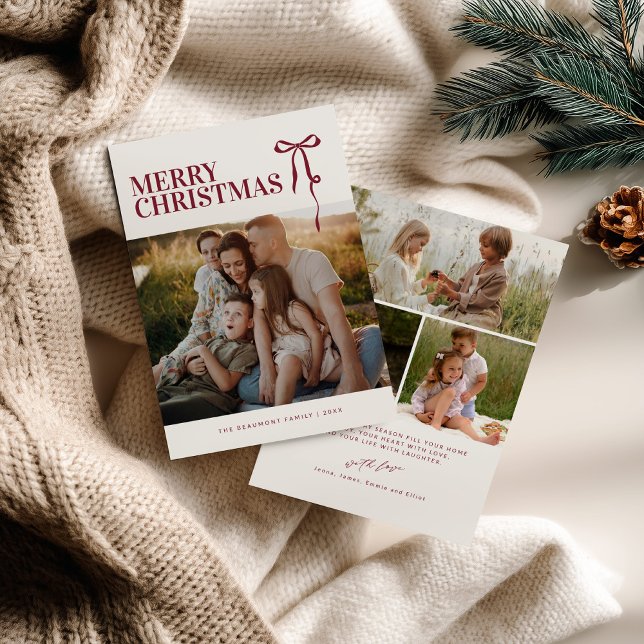 Cartes Pour Fêtes Annuelles Burgundy Bow Photo Christmas Card (Créateur téléchargé)
