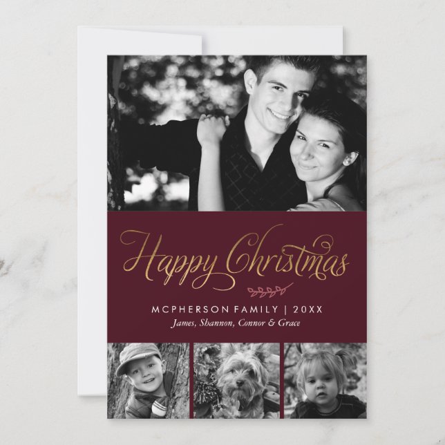 Cartes Pour Fêtes Annuelles Burgundy et Gold Happy Christmas Photo (Devant)