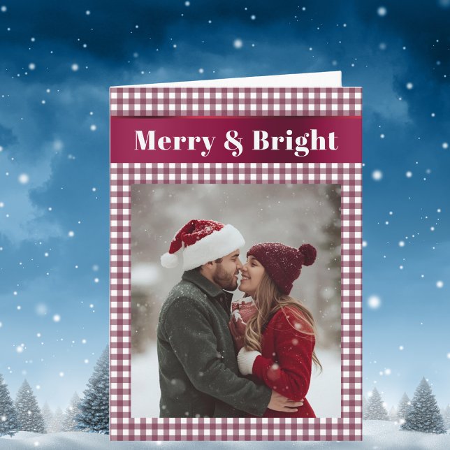 Cartes Pour Fêtes Annuelles Burgundy Gingham Christmas Photo Merry and Bright  (Créateur téléchargé)