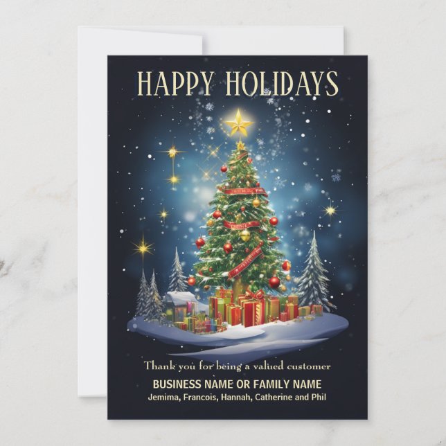 Cartes Pour Fêtes Annuelles Business Noël arbre cadeaux village neige logo (Devant)