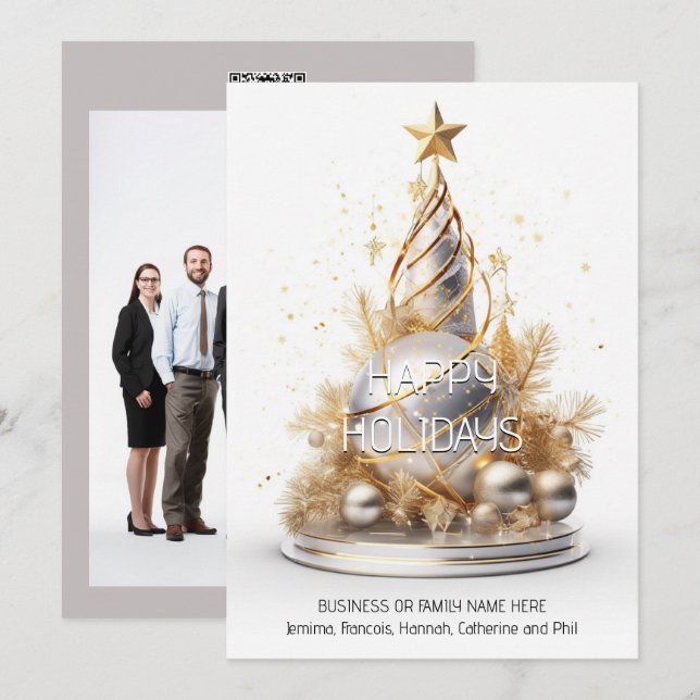 Cartes Pour Fêtes Annuelles Business noël or blanc arbre qr code logo (Devant / Derrière)