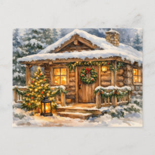 Cartes Pour Fêtes Annuelles Cabane de Noël à l'aquarelle dans la forêt