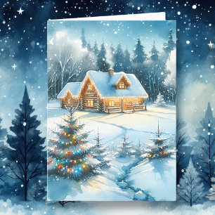 Cartes Pour Fêtes Annuelles Cabane en rondins sereine dans une forêt hivernale