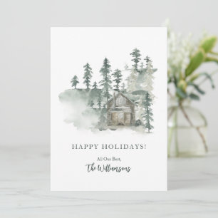 Cartes Pour Fêtes Annuelles Cabane Rustique Aquarelle Vert de Forêt Personnali