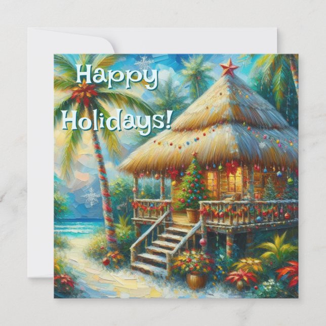 Cartes Pour Fêtes Annuelles Cabane Tropicale Noël Palm Tree Beach Lumières (Devant)