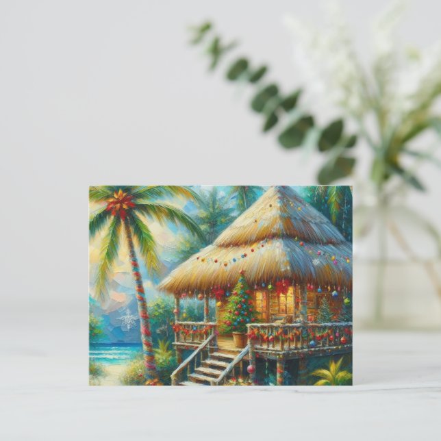 Cartes Pour Fêtes Annuelles Cabane Tropicale Noël Palm Tree Beach Lumières (Debout devant)
