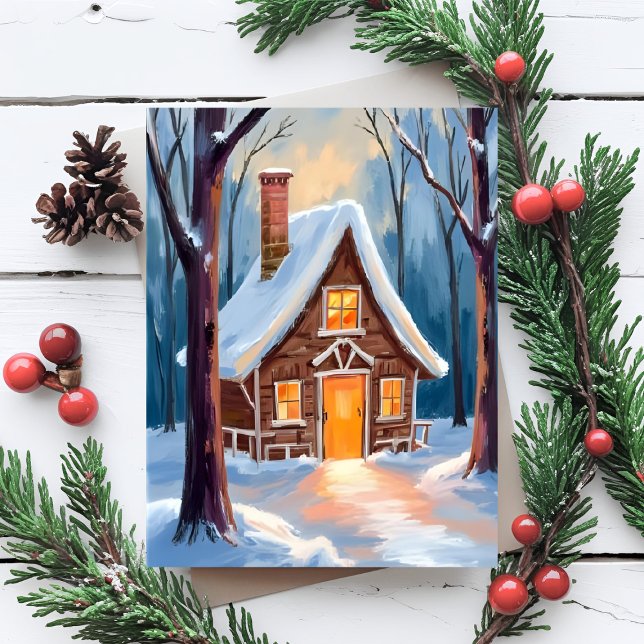 Cartes Pour Fêtes Annuelles Cabine dans la forêt hivernale neige Noël (Créateur téléchargé)