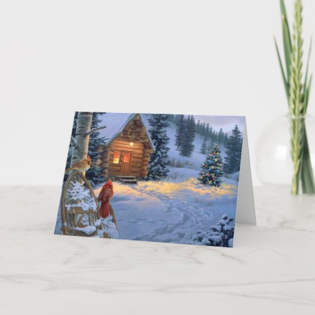 Cartes Pour Fêtes Annuelles Cabine de neige avec des oiseaux de Noël (Devant)
