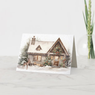 Cartes Pour Fêtes Annuelles Cabine de Noël avec cerf dans les flocons de neige
