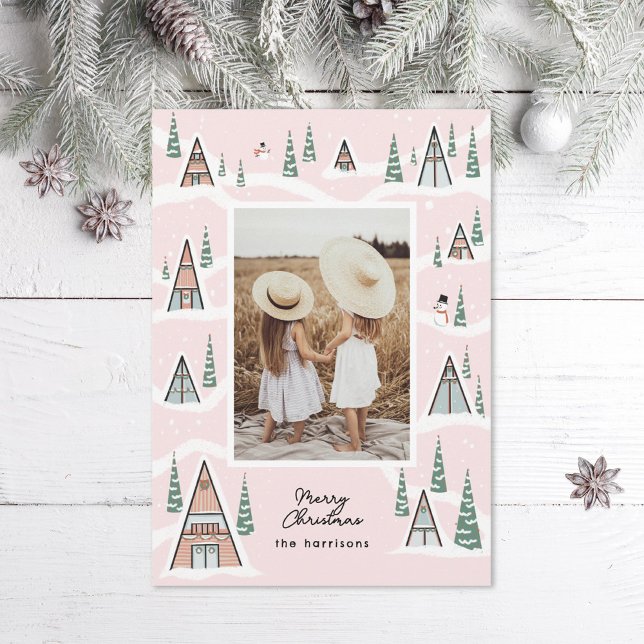 Cartes Pour Fêtes Annuelles Cabine d'hiver aux cadres de neige rose (Créateur téléchargé)