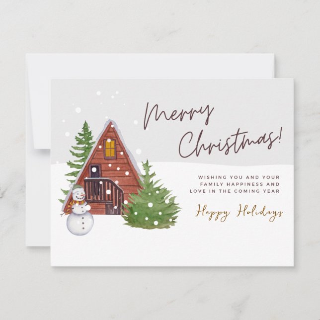 Cartes Pour Fêtes Annuelles Cabine d'hiver et Snowman | Noël aquarelle (Devant)