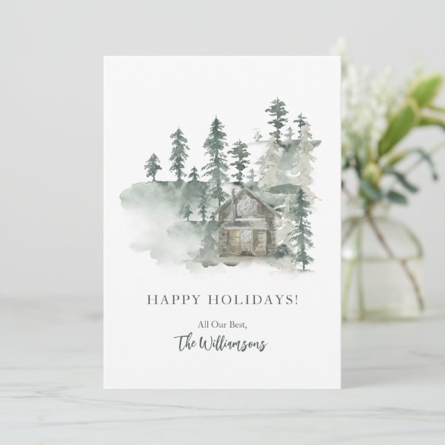 Cartes Pour Fêtes Annuelles Cabine Rustique Aquarelle Vert de Forêt Personnali (Debout devant)
