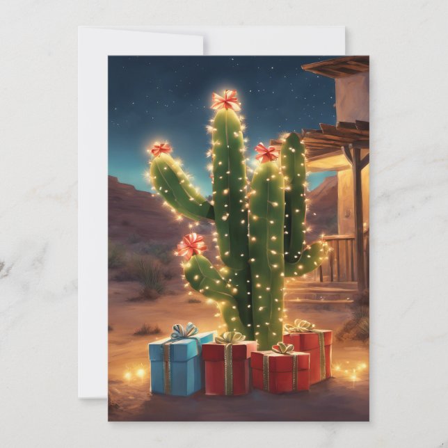 Cartes Pour Fêtes Annuelles Cactus De Noël Avec Présents Devant Une Maison (Devant)