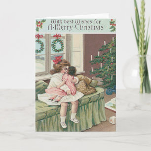 Cartes Pour Fêtes Annuelles Cadeau de fille sous l'arbre de Noël du matin