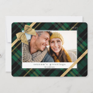 Cartes Pour Fêtes Annuelles Cadeau Plaid Vert Enveloppé & Bow Or Présente Phot