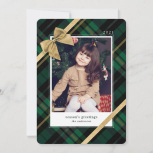 Cartes Pour Fêtes Annuelles Cadeau Plaid Vert Enveloppé & Bow Or Présente Phot