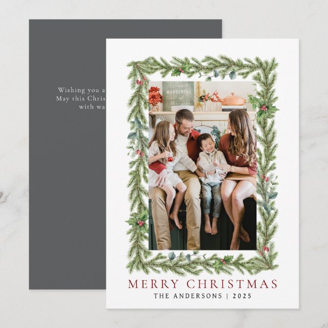 Cartes Pour Fêtes Annuelles Cadre botanique Noël | Famille élégante 1 photo (Devant / Derrière)