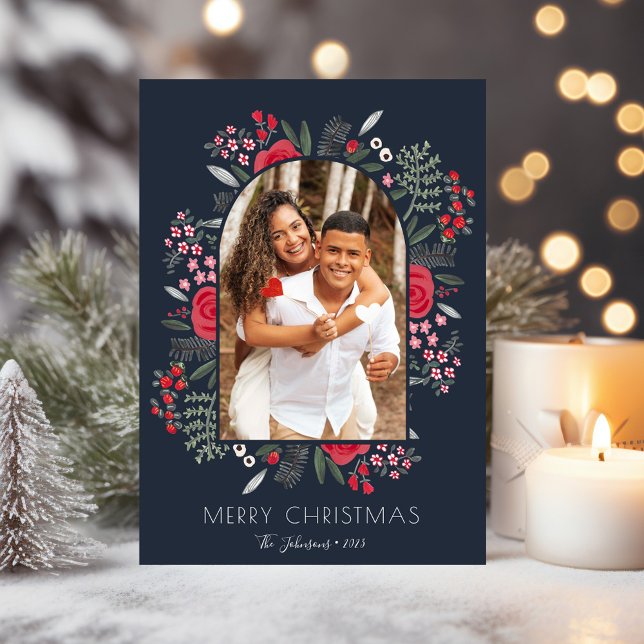 Cartes Pour Fêtes Annuelles Cadre d'arc moderne Floral Joyeux Noël Photo (Modern Arch Frame Floral Family Christmas Photo Holiday Card)