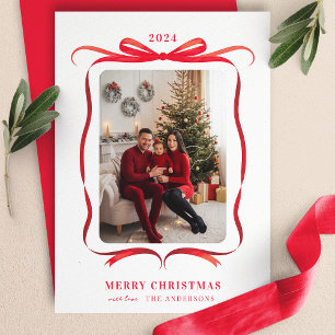 Cartes Pour Fêtes Annuelles Cadre de Noël avec ruban ondulé et nœud rouge pour