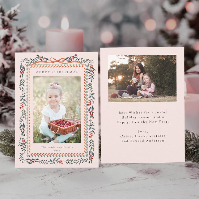 Cartes Pour Fêtes Annuelles Cadre d'framboise rouge Noël 2 Photo Blush rose (Front & Back)