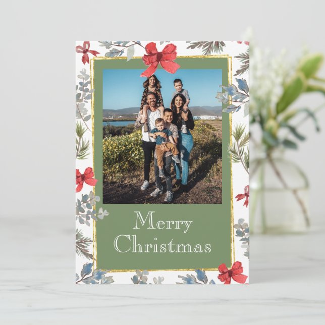 Cartes Pour Fêtes Annuelles Cadre doré Photo Joyeux Noël Personnalisé (Debout devant)