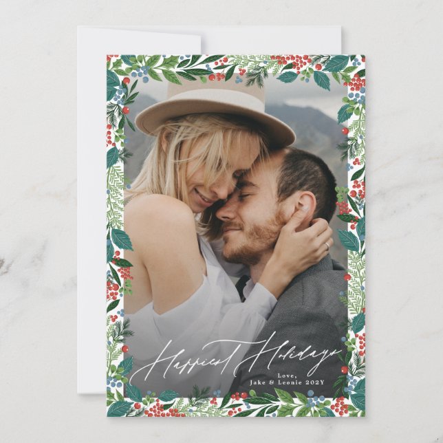 Cartes Pour Fêtes Annuelles cadre élégant feuillage de noël HAPPIEST HOLIDAY (Devant)
