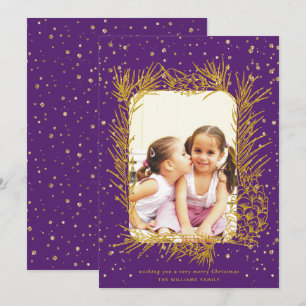 Cartes Pour Fêtes Annuelles Cadre en pin doré, confetti violet photo de Noël