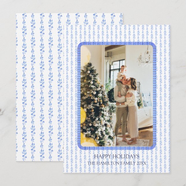 Cartes Pour Fêtes Annuelles Cadre en ruban bleu Photo Grandmillennial Holiday (Devant / Derrière)